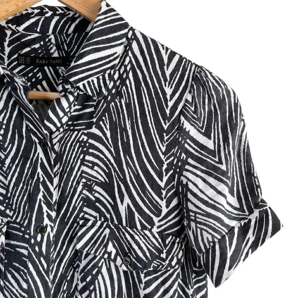 Zara 100% Linen Zebra Print Mini Shirt Dress Short Sleeves Black‎ White, Size XS